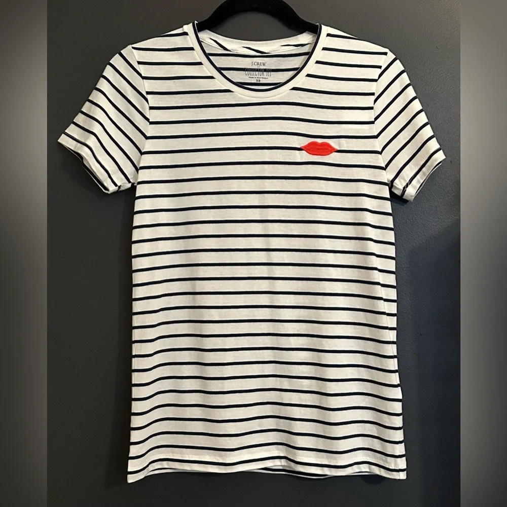 NWT J. Crew Women’s Lips Stripe Graphic Collector Tee Navy White Short Sleeve XS